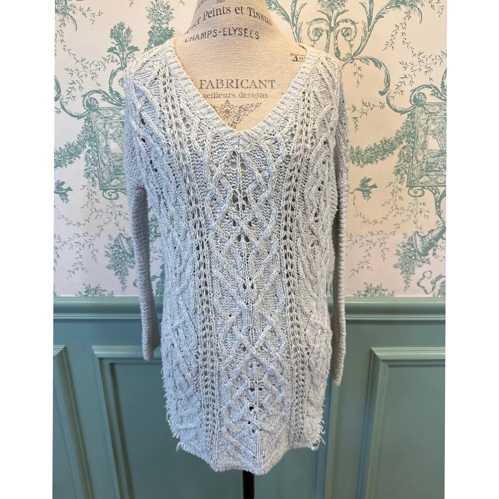Free People Oversized Cable Knit V-Neck Sweater Tunic Frayed Hem Sky Blue - S⁠